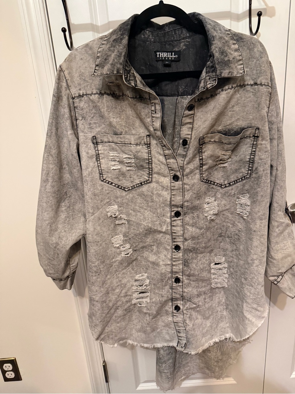 Thrill Women's Gray Washed Distressed Button-Down Shirt